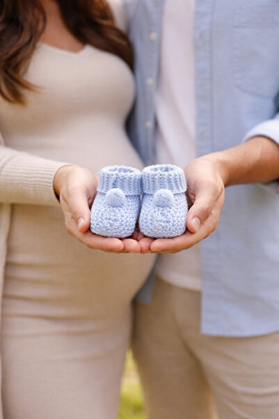 Atlas Baby House Knitwear Pompom Blue Baby Booties 0-6 Months