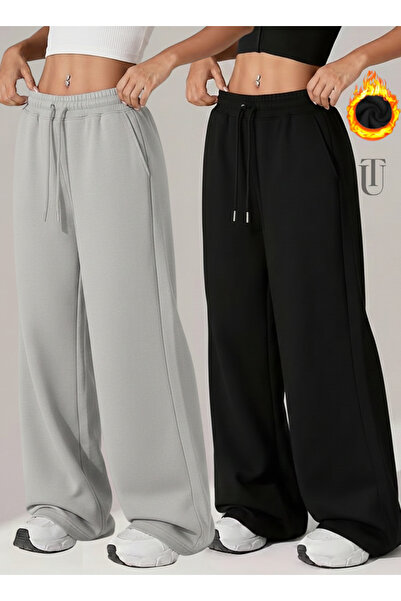 CAONNES Kadın Oversize 2 Adet Kışlık İçi Pamuklu Siyah ve Gri Bol Kesim Bağcı...