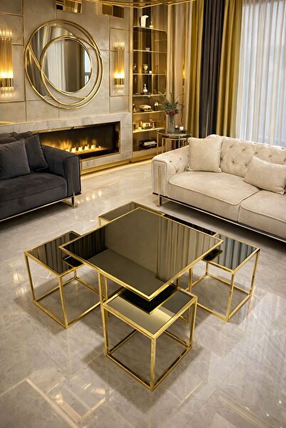 Ayza Home Design 5'li Gold Kaplama Bronz Aynalı Orta Sehpa