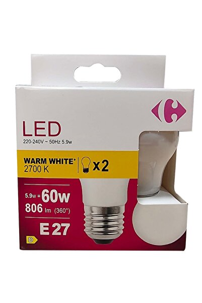 Carrefour Set 2 becuri LED Carrefour, E27, 60 W, 806 lm, 2700 K, Alb cald