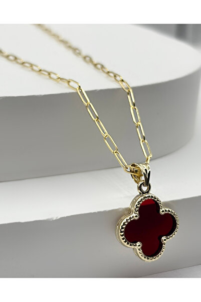 DİAMİNE PIRLANTA 14 Ayar Altın Büyük Bordo Yonca Ataç Zincir Kolye (Yonca Boy...