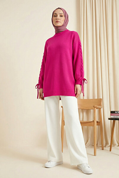 MODAQU Knitted Detailed Knitwear Tunic with Sleeve Detail - Fuchsia