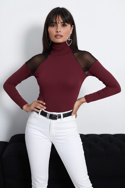 Cool & Sexy Women's Burgundy Shoulder Tulle Blouse Tz2075