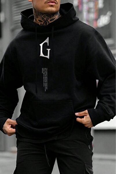 NO 601 Men's Black g Vertical Printed Hooded Winter Sweatshirt