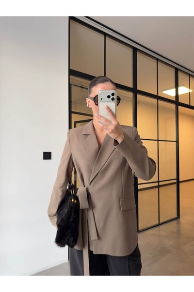 BB Bensu Buyruk Double-Breasted Tie-Up Jacket in Shoulder Pad Colors Khaki