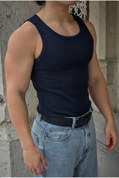 Liber Men's Corded Fabric Tank Top - Cotton Flexible Athlete Cut (Dark Navy B...