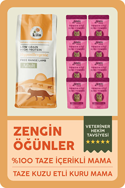 kito Kuzu Etli Yetişkin Kedi Maması 2 Kg + 8 Adet Fresh Somon Etli %100 Taze ...