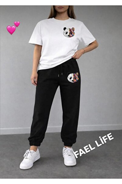 FAEL LİFE طقم تي شيرت نسائي واسع القصة مع سروال رياضي ملون بتصميم الباندا