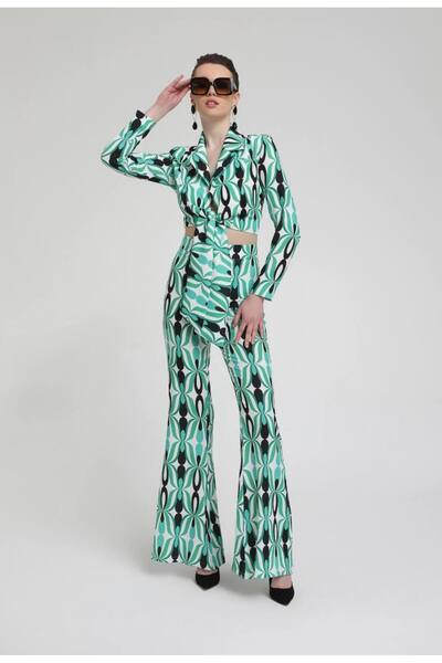 codemark Women's Patterned Jacket Collar Crop Top and Flared Pants Set