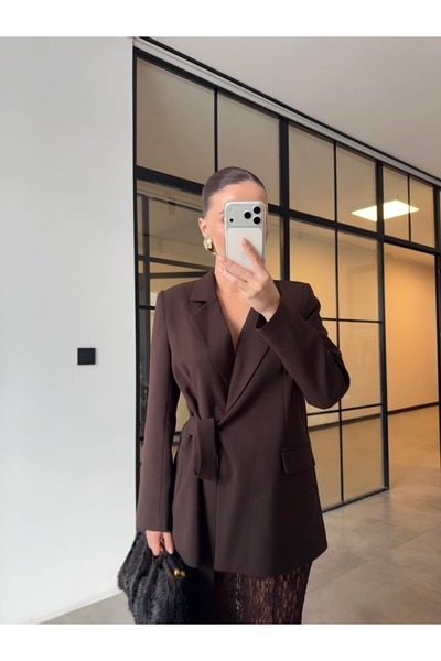 BB Bensu Buyruk Double-Breasted Tie-Up Jacket in Brown