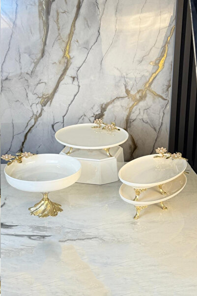 MAY HOME 4 Parça Ayaklı Detaylı Porselen Sunum Seti & Lüks Ayaklı Kase Kayık ...