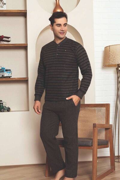 ALİMER Men's Tracksuit Pajama Set - Brown Winter Fleece-Lined Thessaloniki Fa...