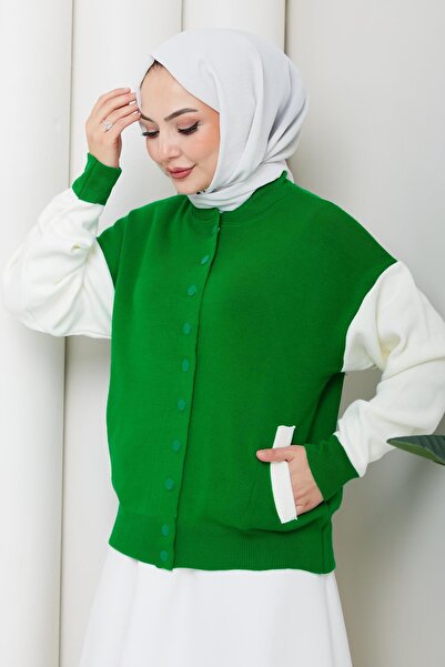 hafsamina Бомбър яка плетен кардиган зелен HM262615