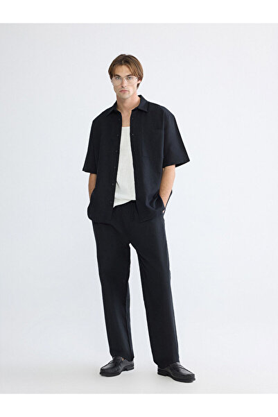 LC Waikiki Ανδρικό παντελόνι μαύρο άνετο και χαλαρό με λινό εμφάνιση