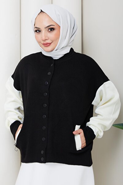 hafsamina Bomber Collar Knitwear Cardigan Black Hm262615