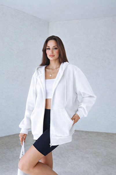 YAKAMEL Women's 3 Thread Oversize Hooded Zippered Cardigan Sweatshirt