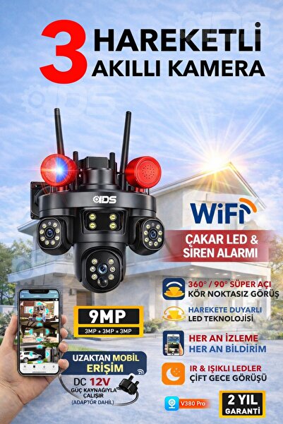 IDS 9MP Tam Hareketli 3 Kameralı WiFi Güvenlik Kamerası - Çakar LED -Sirenli ...
