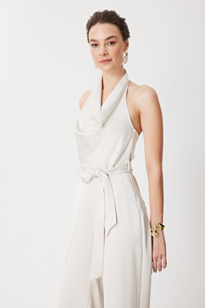 Mi Pret a Porter Mi Degaje Yaka Kuşaklı Saten Tulum