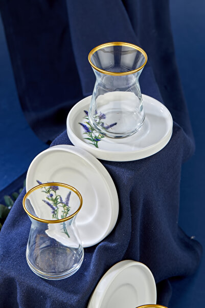 ers erbaşlar Lavender Floral Gold Decorated 12 Piece Tea Cups for 6 People, Tea Set