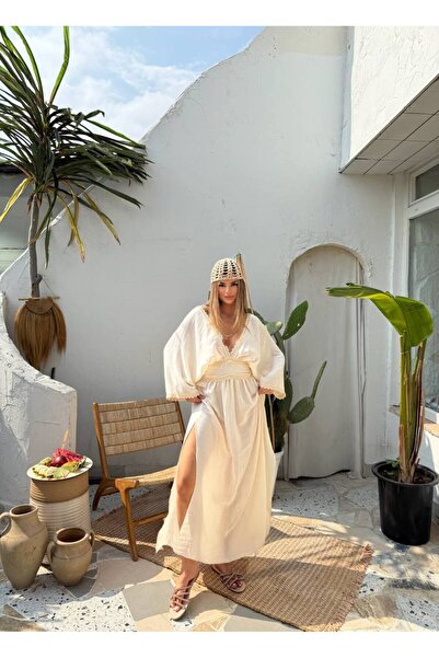 Bak'ap Rochie lungă boemă Premium bumbac 100% Muslin Brodat Y cu fantă