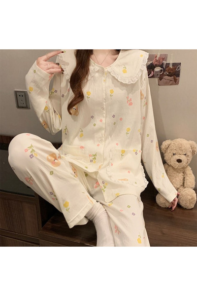 delis Women's pajamas with high collar, two-piece, PJ015, Beige