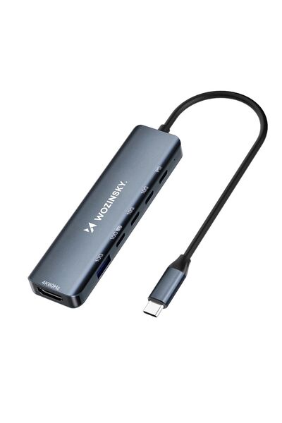 WOZINSKY 6-in-1 USB-C Hub, 4K HDMI, 10Gbps Transfer, 100W PD, Aluminum, Gray