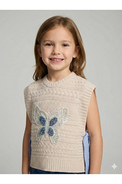 Ruki Çocuk Kız Çocuk Kelebek Nakışlı Örgü Süveter Yan Bağlamalı Bej