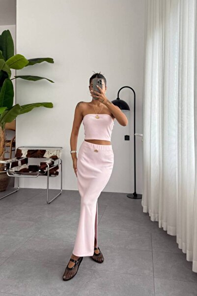 Mzr Collection Women's Buckle Detail Strapless Blouse and Skirt Set 2 Pieces