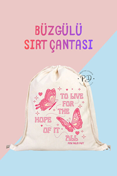 ÇANTA Pink Butterfly Printed Drawstring Linen Backpack