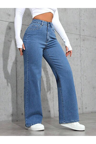 Maıson De Mode Orta Mavi Palazzo Pantolon Wide Leg Yüksek Bel Denim Jeans