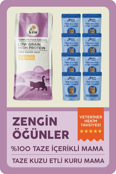 kito Kuzu Etli Yavru Kedi Maması 2 Kg + 8 Adet Fresh Ton Balıklı %100 Taze İç...