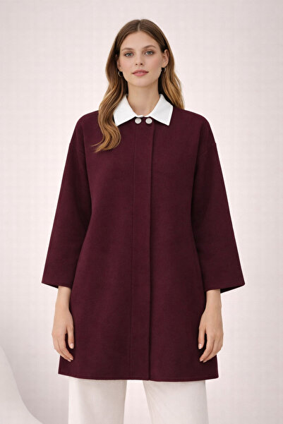 Kirazgym Knitwear Poncho Silver Color Button - Burgundy