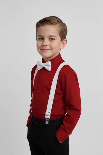 Merdia Kids Erkek Çocuk Uzun Kol Kırmızı Gömlek ve Beyaz Askı Papyon Takım