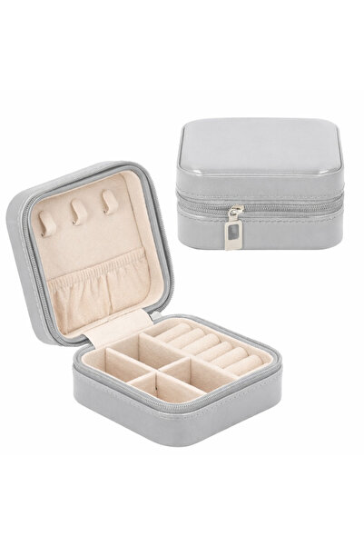 wei inox Travel jewelry box, with zipper, eco-leather, gray, 10x10x5 cm