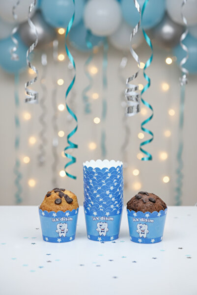 NEWPARİ Mavi İlk Dişim Temalı Cupcake & Muffin Kek Kalıbı Fırında Dağılmaz (2...