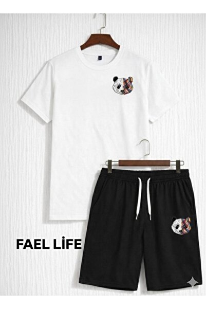 FAEL LİFE Women's Loose Fit Shorts and T-Shirt Colorful Panda Printed Set