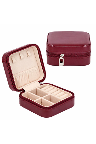 wei inox Travel jewelry box, with zipper, eco-leather, burgundy, 10x10x5 cm