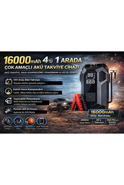 Ahanda Buldum Yüksek Akım Korumalı 16000mAh Akü Takviye Cihazı + 150 PSI Diji...