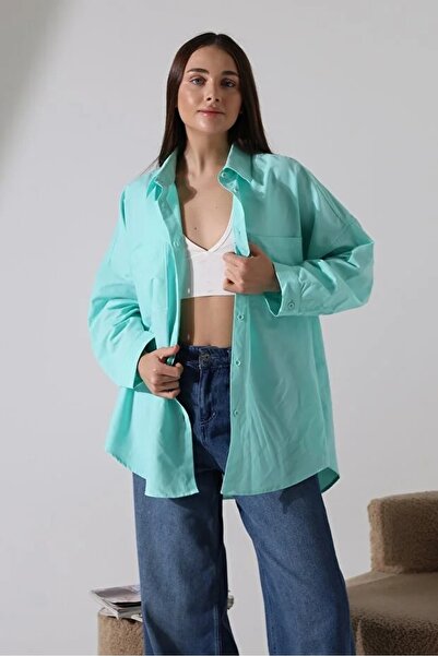 Corradeo Giyim Poplin Fabric Oversized Cut Women's Shirt-Water Green