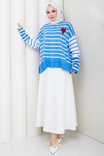 hafsamina Heart Appliqued Striped Sweater Blue Hm2617