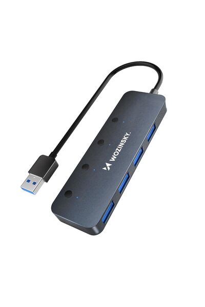 WOZINSKY 4-in-1 USB 3.0 Hub, 4x USB-A Ports, Aluminum, LED Switches, Gray