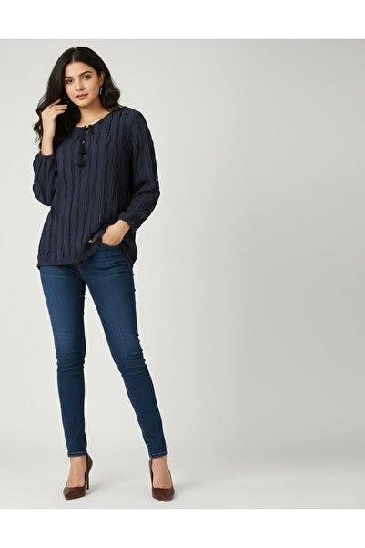 THEBEK Tie-Down Collar Fır Fır Fabric Long Sleeve Women's Blouse