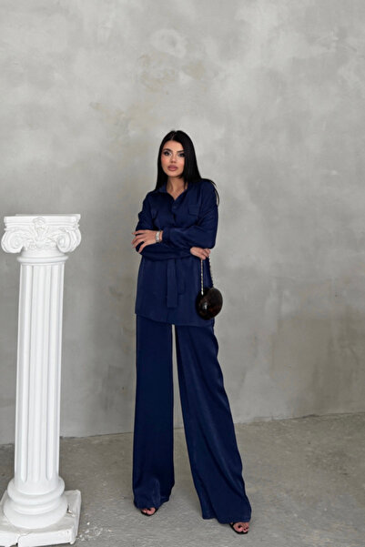 Wear Up Silvery Fabric Loose Pants - Shirt Set - Navy Blue