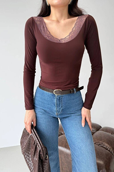 Eka Women's Coffee-Colored Collared Lace Blouse 1041-2769