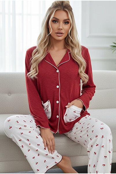 Siyah İnci Ecru Cherry Patterned Pocketed Crinkle Long Sleeve Buttoned Knitte...