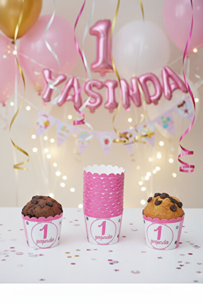 NEWPARİ Pembe 1 Yaşında Temalı Cupcake & Muffin Kek Kalıbı Fırında Dağılmaz (...