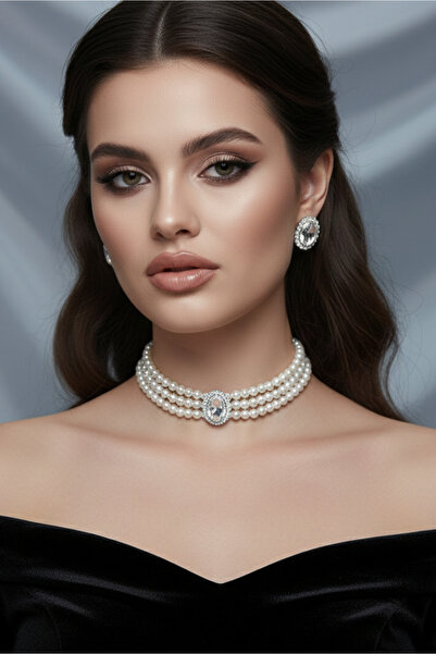 Happyline Gümüş Oval Taşlı Choker Kolye Küpe Takım Tasma Kolye İncili Gümüş K...