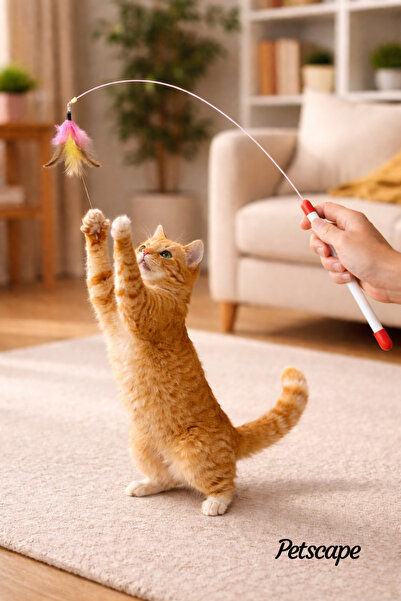 Petscape Cat Fishing Rod Toy Natural Feather Interactive Furry Cat Toy Cat Fe...