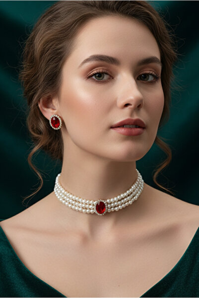Happyline Kırmızı Oval Taşlı Choker Kolye Küpe Takım Tasma Kolye Cam İncili G...