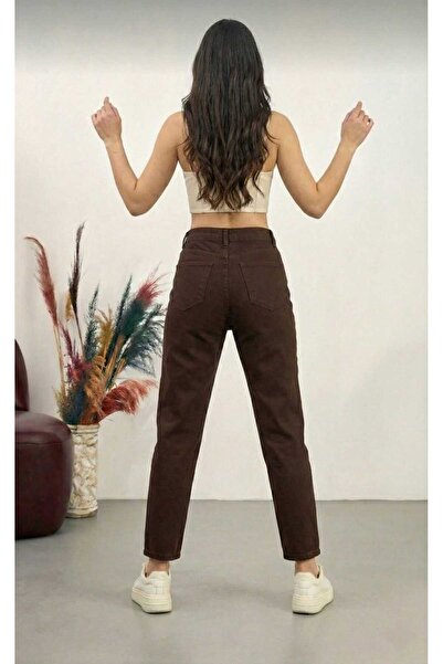 Trn JNS Blugi de damă maro talie înaltă material elastic Mom Jeans din denim